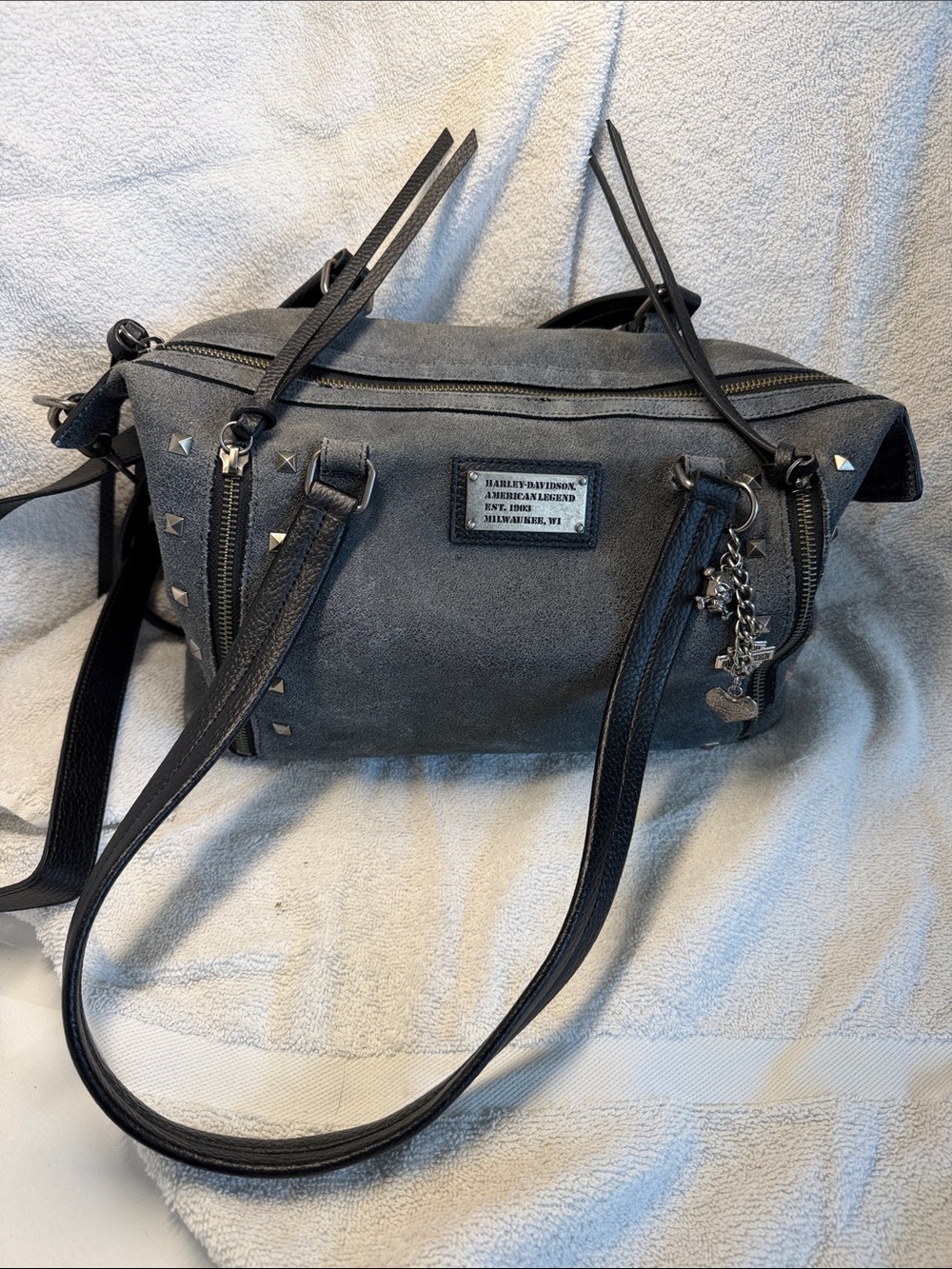 Harley-Davidson Blue- Grey Suede Shoulder Bag with Studs Charm crossbody strap